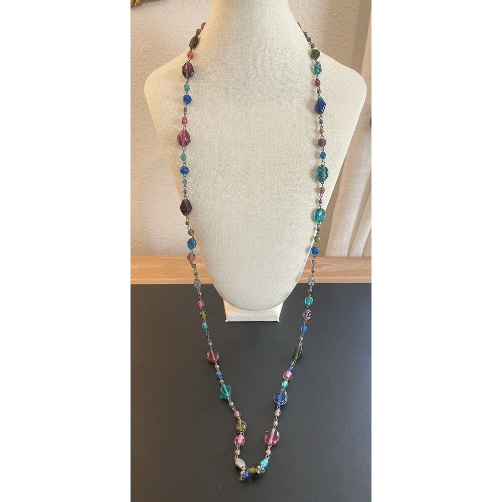 Artisan Muliticolor Glass Silvertone Wire Wrapped Long Necklace Blue Pink Green